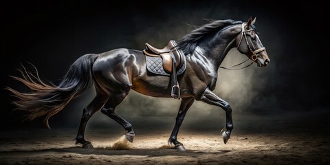 Black Mustang Mare Under Saddle in Low Light Photography for Equestrian Enthusiasts