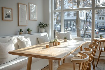 Wooden Cafe This is the cafe's modern Scandinavian interior with tables and chairs. Generative AI
