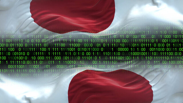 Japan flag - 3D realistic waving flag on matrix digital background with binary code