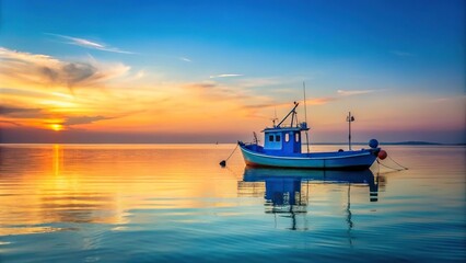 Obraz premium Bright blue fishing boat in the sea during sunset