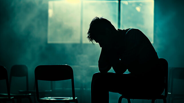 Silhouette of depressed male student sitting alone in empty classroom, head down in despair. Dramatic teal lighting through windows creates moody atmosphere suggesting academic struggle and isolation.