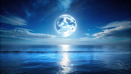 Bright full moon shining over dark sea at night