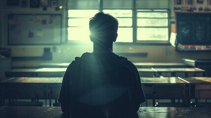 Silhouette of the back of a student in empty classroom facing bright sunlit windows, representing solitude, education challenges and reflection, moody dramatic atmosphere with lens flare effects.