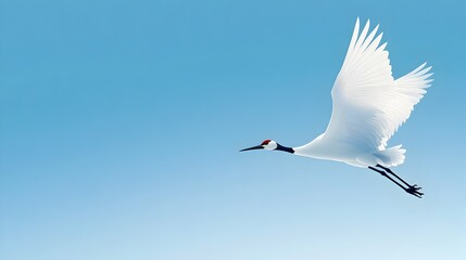 Fototapeta premium Elegant Japanese Crane Soaring in Clear Blue Sky with Ample Copy Space