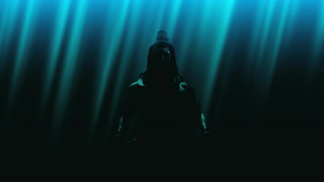 God Shiva meditating on the seabed in the dark in the rays of the sun. 4k 3d animation 60 fps.