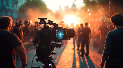 Fototapeta premium A camera is filming a crowd of people on a street