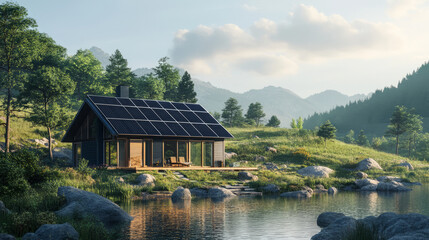 Obraz premium An off-grid solar solution powering a remote cabin, with solar panels on the roof and a serene natural landscape in the background