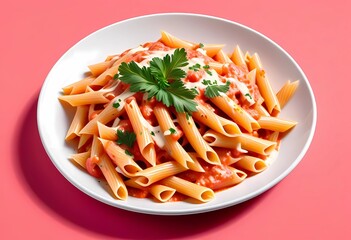 Photo of a Delicious penne pasta topped with fresh cherry tomatoes and herbs.