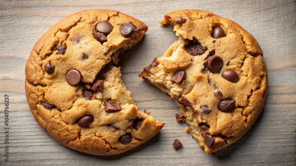 Poster a partially eaten chocolate chip cookie, displaying the soft texture and melted chocolate chips, cap