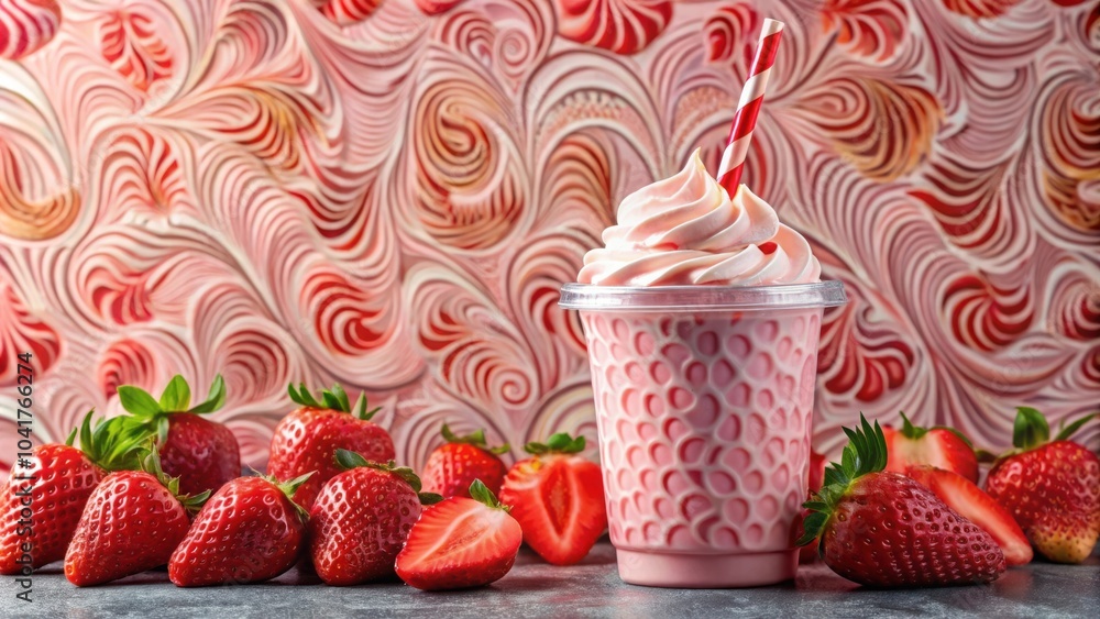 Poster strawberry milkshake with whipped cream and a red and white straw surrounded by fresh strawberries