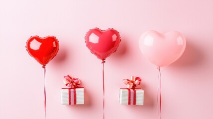 Heart-shaped balloons with gift boxes on pink background