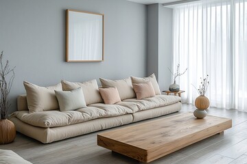 Minimalist, modern Scandinavian interiors in the living room with light grey finished walls and sofas and wood tables. Generative AI

