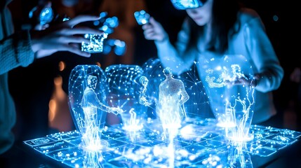 A group of people gathered around a table engaged in a futuristic board game with holographic projections bringing the game to life