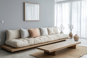 Minimalist, modern Scandinavian interiors in the living room with light grey finished walls and sofas and wood tables. Generative AI
