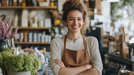Cheerful barista with apron stands in cozy cafe, surrounded by plants and products, creating a warm and inviting atmosphere.