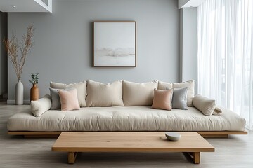 Fototapeta premium Minimalist, modern Scandinavian interiors in the living room with grey finished walls and sofas and wood tables. Generative AI 