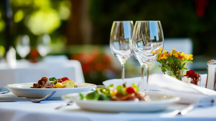 Fine dining at an exclusive restaurant, with elegantly plated dishes, crystal wine glasses, and luxurious table settings