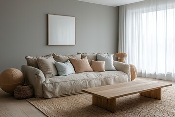 A modern Scandinavian interior in the living room with minimalist, lighting and art frame sofas. Generative AI
