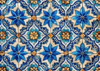 Blue and White Moroccan Tile Pattern for Textiles - Vintage Hand-Painted Watercolor Design with Grunge Texture