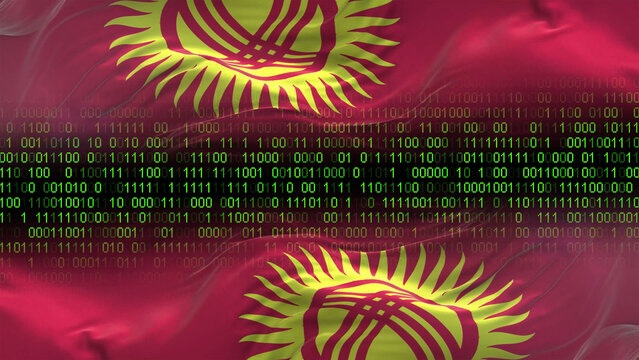 Kyrgyzstan flag - 3D realistic waving flag on matrix digital background with binary code