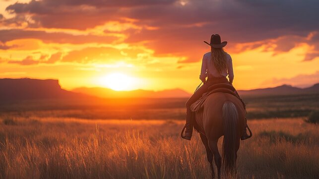 A woman is riding a horse in a field with a beautiful sunset in the background