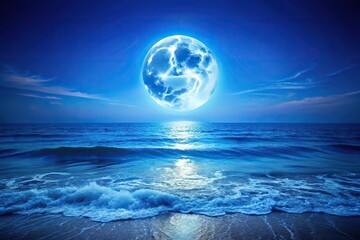 Calm ocean with bright blue moon shining over sparkling waves