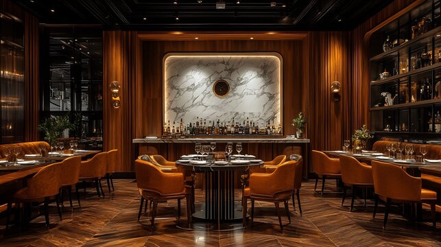Elegant dining space highlighted by a wooden panel accent wall alongside a refined marble wall pattern setting the stage for a sophisticated dining experience filled with charm