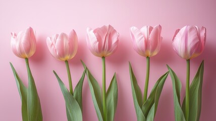 Fototapeta premium Tulips arranged in a row on soft pink wall