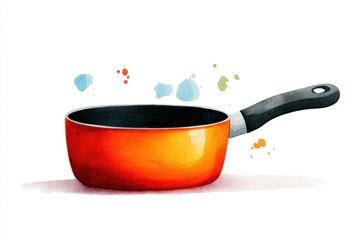 Colorful orange saucepan with splashes of color, perfect for culinary themes.