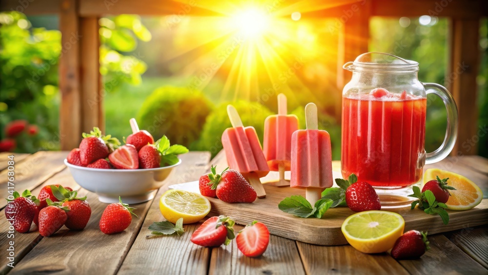 Poster summertime refreshment a pitcher of strawberry lemonade with popsicles and fresh fruit on a wooden t