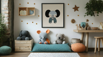 Cute Nursery Decor with Elephant Print & Plush Toys