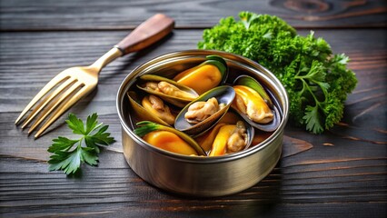 Canned pickled mussels, fork, parsley on dark brown table