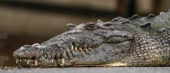 Close-up of a resting crocodile with detailed texture.