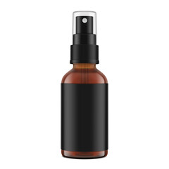 Realistic spray brown bottles mockup with black label. Vector illustration isolated on white background. Сan be used for loss sprays, cosmetic, medical, and other needs. EPS10.