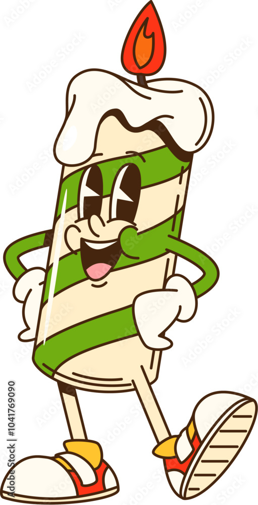 Poster cartoon groovy christmas candle character with striped pattern, burning wick and arms akimbo in conf