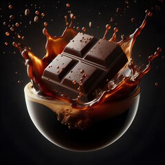 image of a piece of dark chocolate, being dropped into coffee, creating dynamic coffee splash around it with clear bubbles and ripples