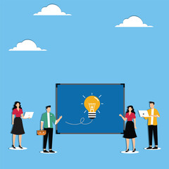 Colleagues supporting lightbulb idea being implemented as new business initiative