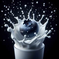 image of a juicy blueberry, being dropped into yogurt, dynamic yogurt splash around it with clear bubbles and ripples