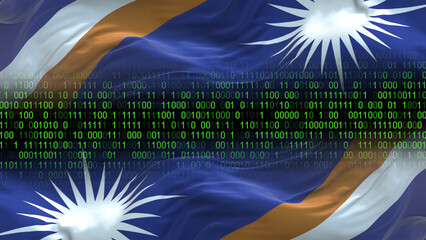 Marshall Islands flag - 3D realistic waving flag on matrix digital background with binary code