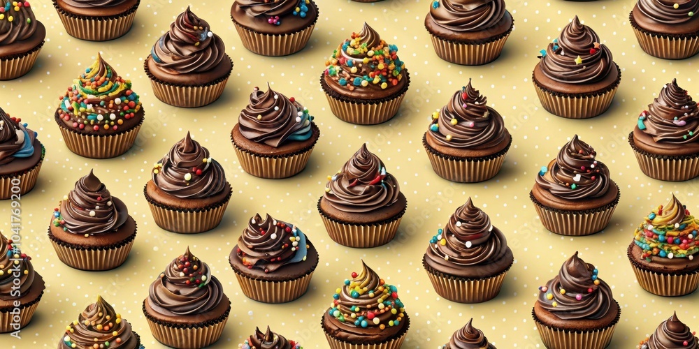 Poster A delightful pattern of chocolate cupcakes with various colorful toppings, perfectly arranged on a dotted yellow background.