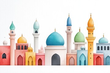 Colorful watercolor depiction of diverse mosque silhouettes against a white background.