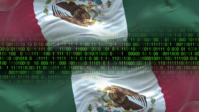 Mexico flag - 3D realistic waving flag on matrix digital background with binary code