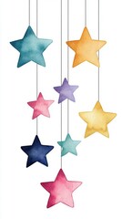 Obraz premium Colorful watercolor stars hanging elegantly on white background, perfect for various creative projects.