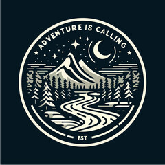 monoline Adventure is Calling Nighttime Mountain Journey badge design