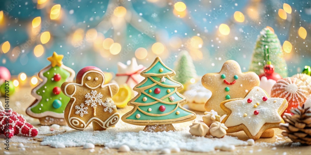 Aufkleber festive christmas gingerbread cookies decorated with icing and sprinkles on a snowy surface with a b