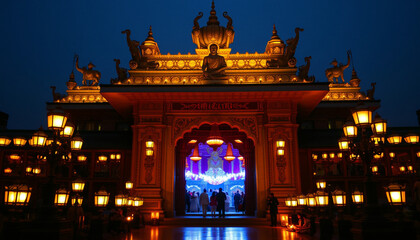 Fototapeta premium stunning temple entrance illuminated at night, showcasing intricate architecture and vibrant