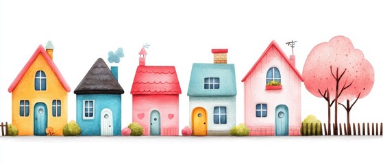 Obraz premium Colorful, cartoon-style houses lined up with a pink tree, ideal for vibrant design projects.