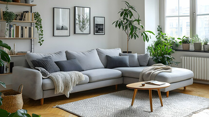Modern Living Room Decor with Grey Sofa and Plants