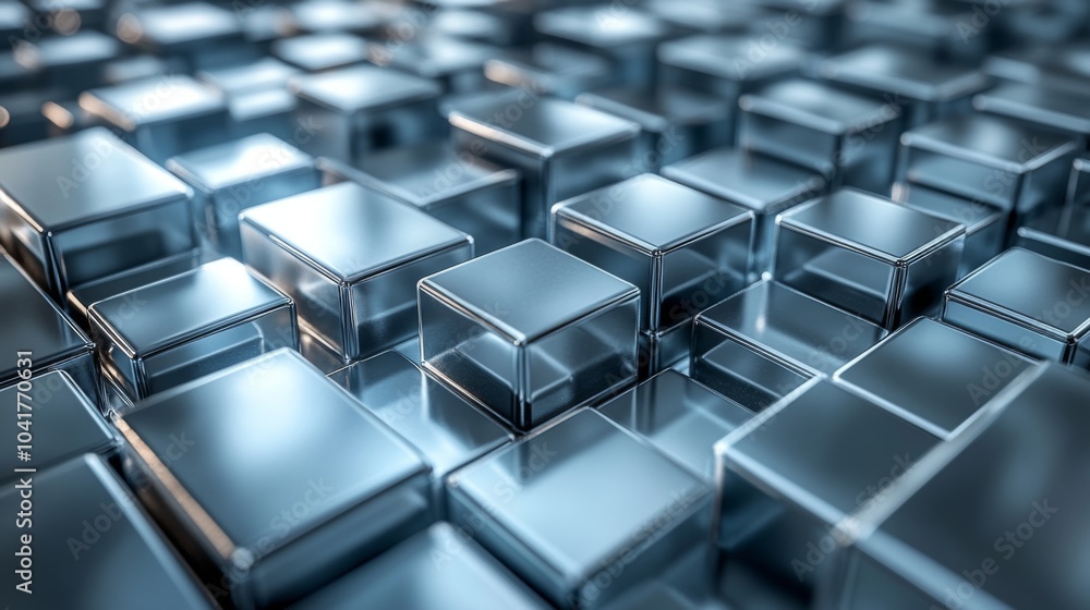 Poster Reflective metallic cubes are arranged in a geometric pattern, creating a mesmerizing visual effect under soft ambient lighting, showcasing texture and depth.
