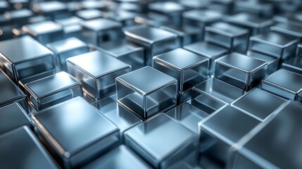 Fototapeta premium Reflective metallic cubes are arranged in a geometric pattern, creating a mesmerizing visual effect under soft ambient lighting, showcasing texture and depth.
